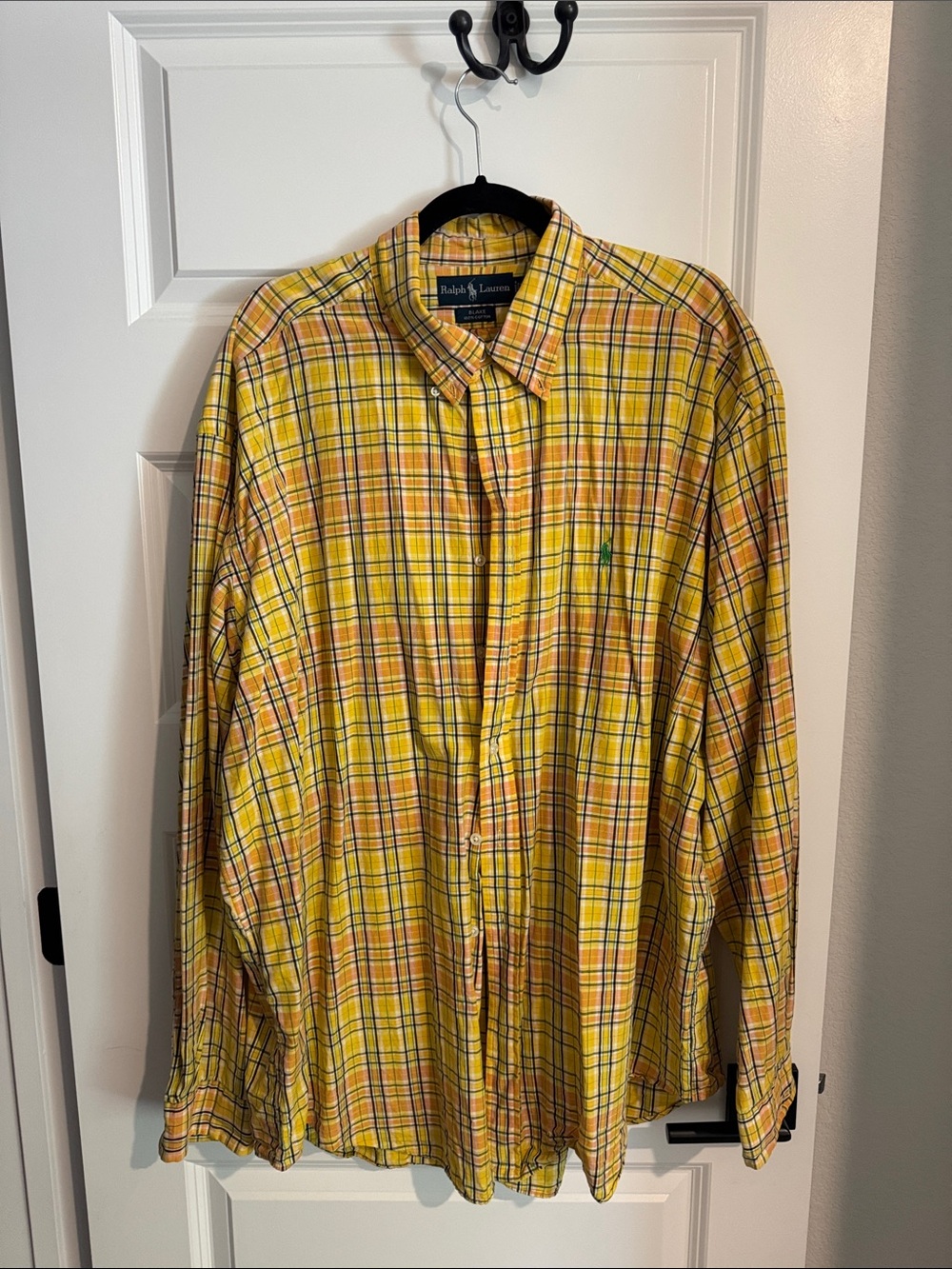 Ralph Lauren Yellow Orange Plaid Cotton Button-Down Shirt with Green Pony